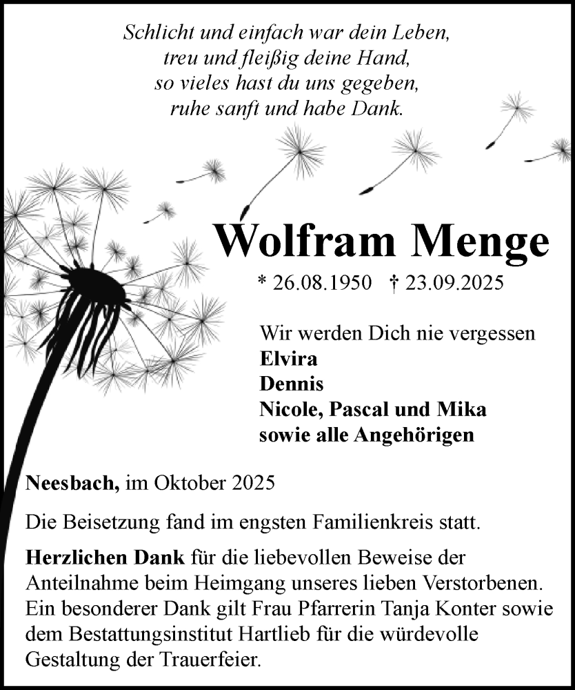  Traueranzeige für Wolfram Menge vom 16.10.2025 aus Camberger Anzeiger