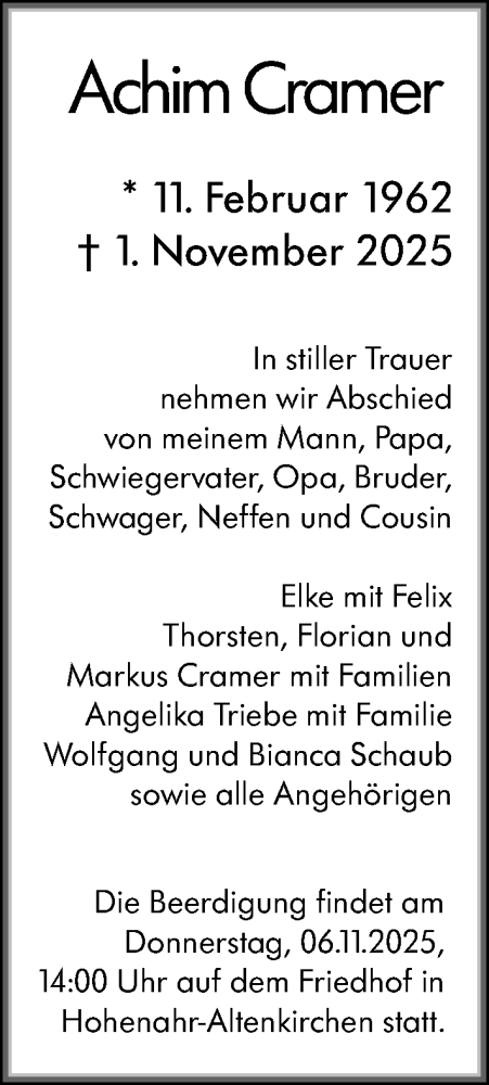  Traueranzeige für Achim Cramer vom 04.11.2025 aus Wetzlarer Neue Zeitung