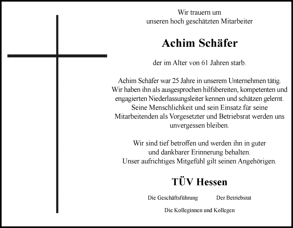  Traueranzeige für Achim Schäfer vom 11.10.2025 aus Starkenburger Echo