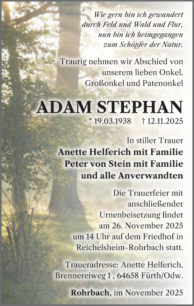  Traueranzeige für Adam Stephan vom 22.11.2025 aus Odenwälder Echo