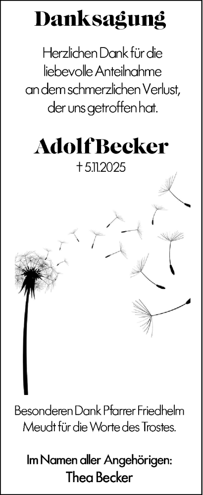  Traueranzeige für Adolf Becker vom 28.11.2025 aus Hochheimer Zeitung