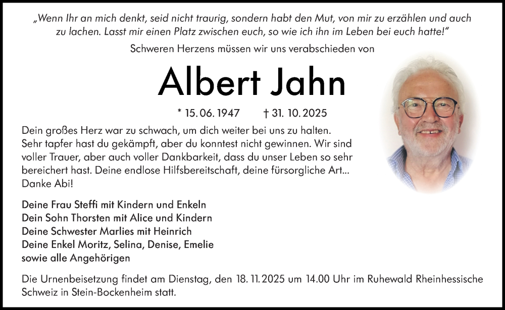  Traueranzeige für Albert Jahn vom 08.11.2025 aus Allgemeine Zeitung Alzey