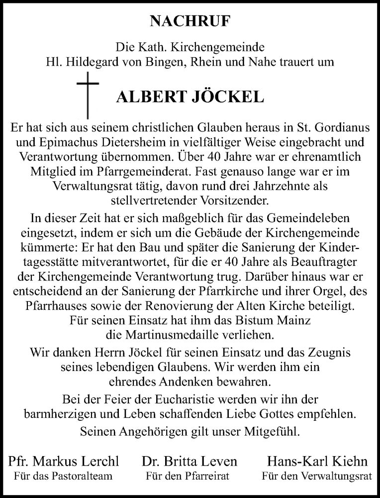  Traueranzeige für Albert Jöckel vom 04.11.2025 aus Allgemeine Zeitung Rheinhessen-Nahe