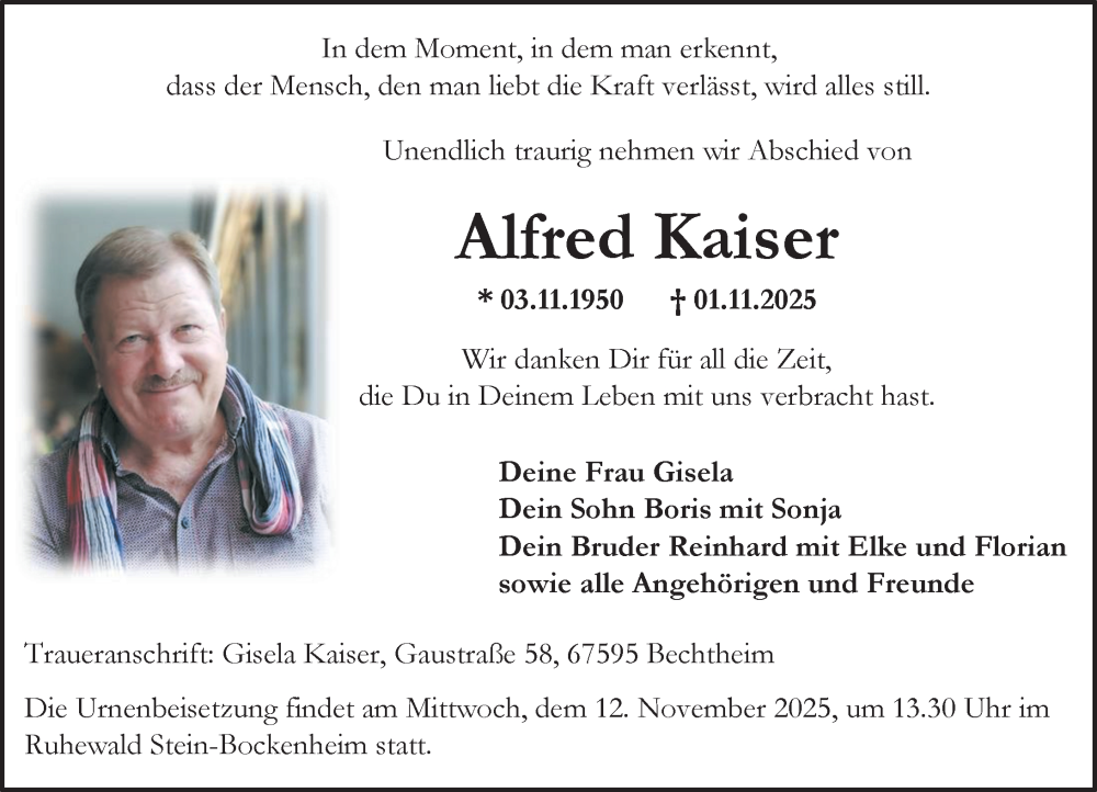  Traueranzeige für Alfred Kaiser vom 08.11.2025 aus Wormser Zeitung