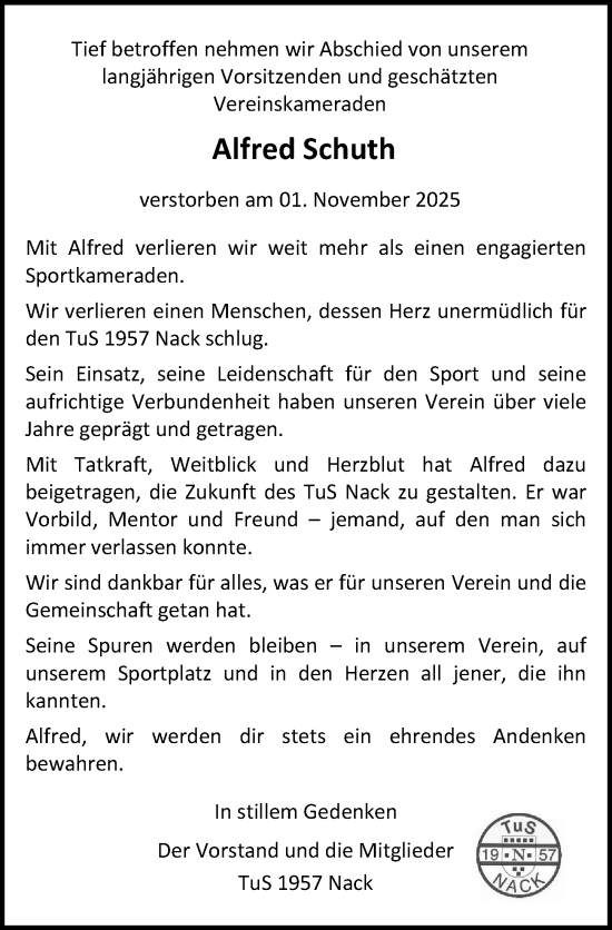 Traueranzeige von Alfred Schuth von Allgemeine Zeitung Alzey