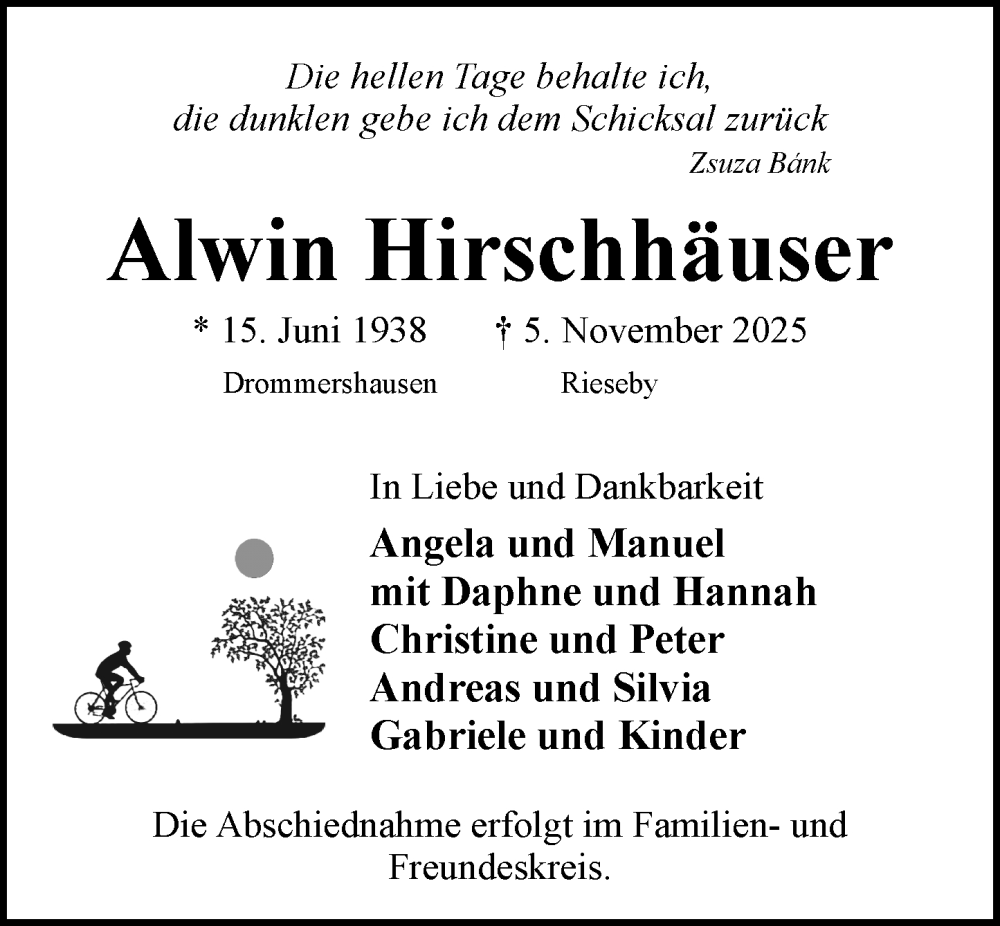  Traueranzeige für Alwin Hirschhäuser vom 15.11.2025 aus Nassauische Neue Presse