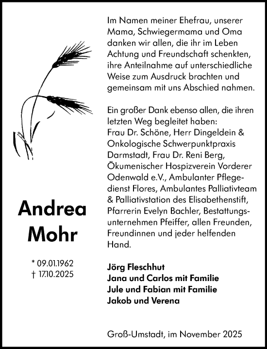 Traueranzeige von Andrea Mohr von Darmstädter Echo