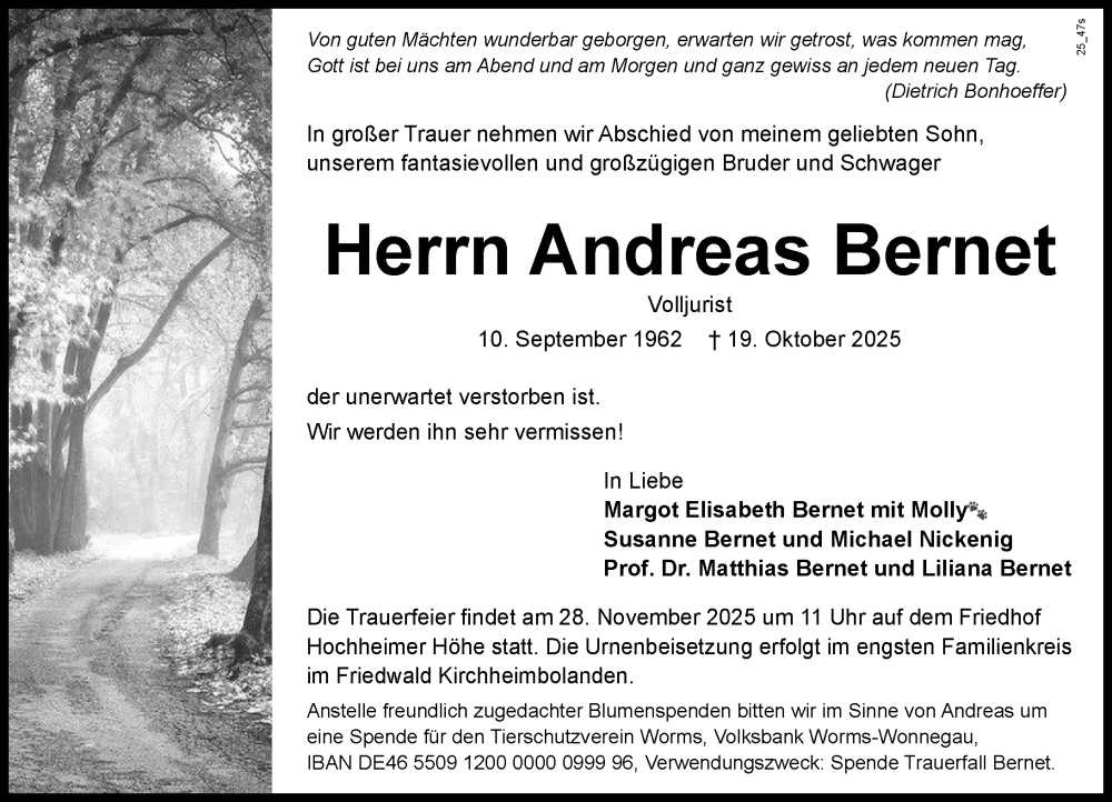  Traueranzeige für Andreas Bernet vom 21.11.2025 aus Wormser Zeitung