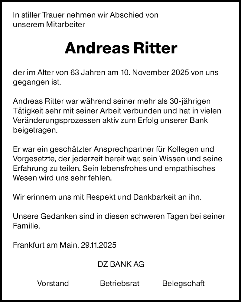  Traueranzeige für Andreas Ritter vom 29.11.2025 aus Allgemeine Zeitung Mainz