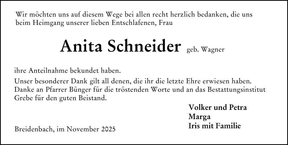  Traueranzeige für Anita Schneider vom 22.11.2025 aus Hinterländer Anzeiger