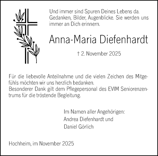 Traueranzeige von Anna-Maria Diefenhardt von Hochheimer Zeitung