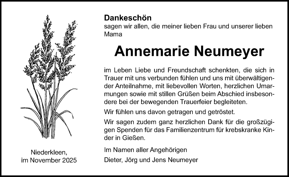 Traueranzeige für Annemarie Neumeyer vom 29.11.2025 aus Wetzlarer Neue Zeitung