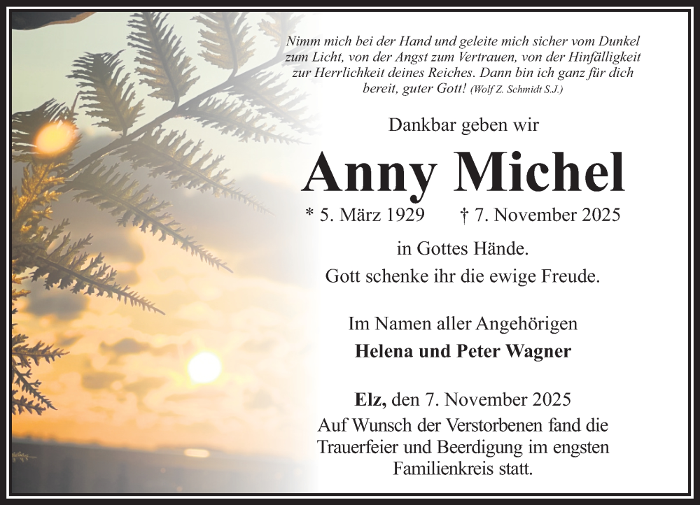  Traueranzeige für Anny Michel vom 15.11.2025 aus Nassauische Neue Presse
