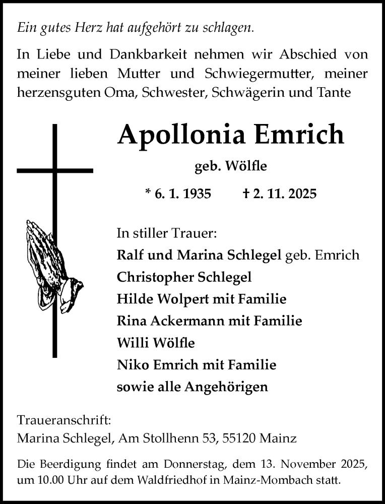  Traueranzeige für Apollonia Emrich vom 08.11.2025 aus Allgemeine Zeitung Mainz