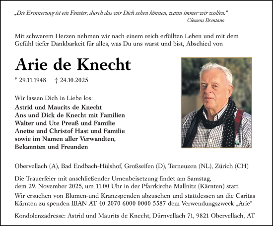 Traueranzeige von Arie de Knecht von Hinterländer Anzeiger