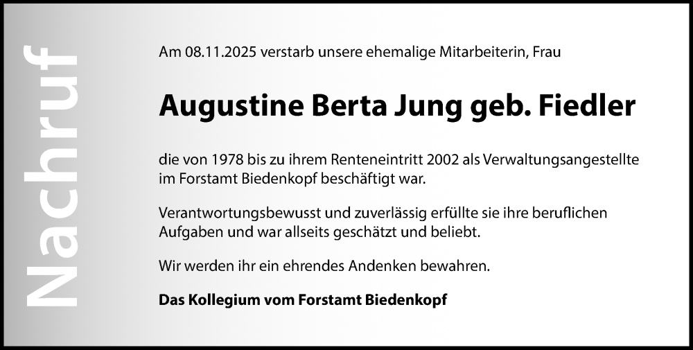  Traueranzeige für Augustine Berta Jung vom 19.11.2025 aus Hinterländer Anzeiger