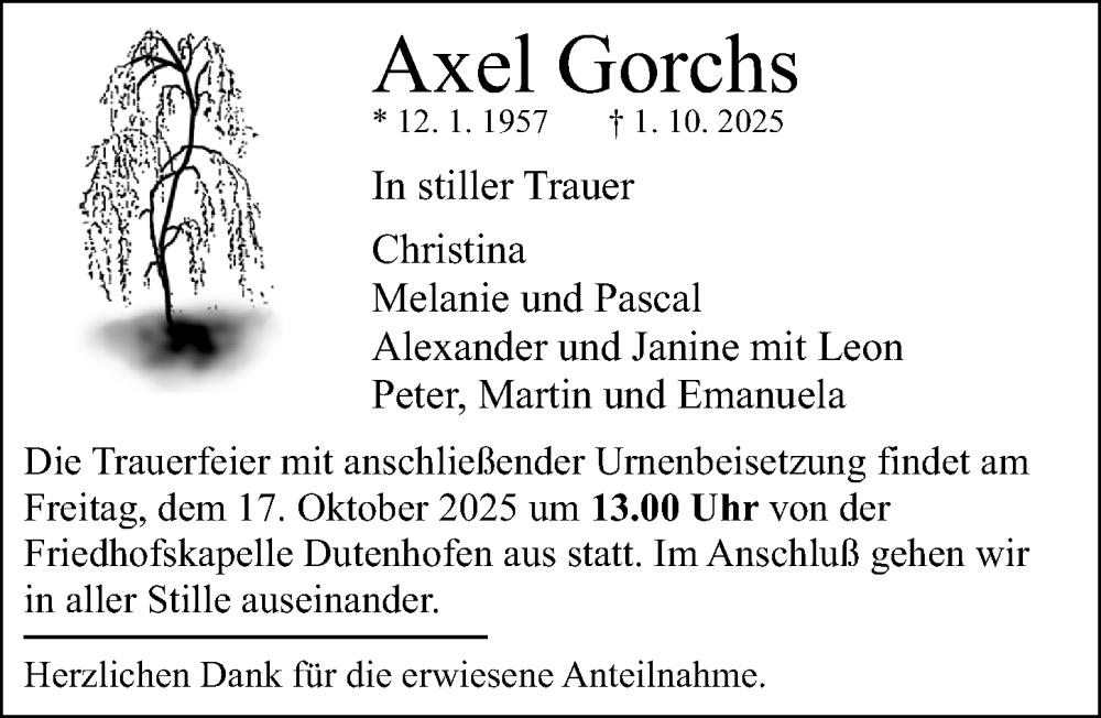  Traueranzeige für Axel Gorchs vom 11.10.2025 aus Wetzlarer Neue Zeitung