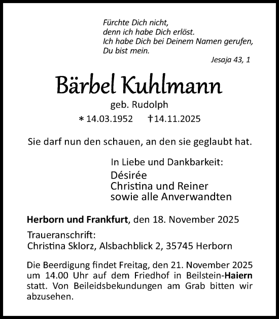 Traueranzeige von Bärbel Kuhlmann von Dill Block