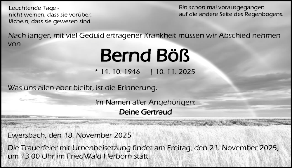  Traueranzeige für Bernd Böß vom 18.11.2025 aus Dill Block