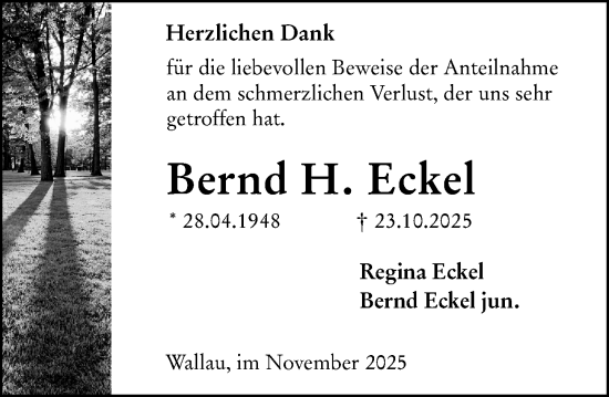 Traueranzeige von Bernd Eckel von Hinterländer Anzeiger