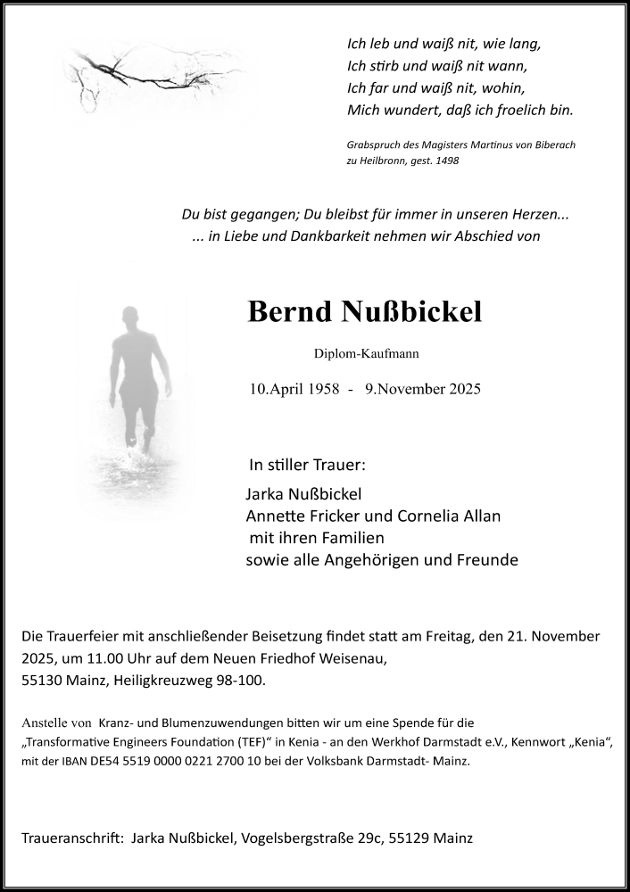  Traueranzeige für Bernd Nußbickel vom 18.11.2025 aus Allgemeine Zeitung Mainz
