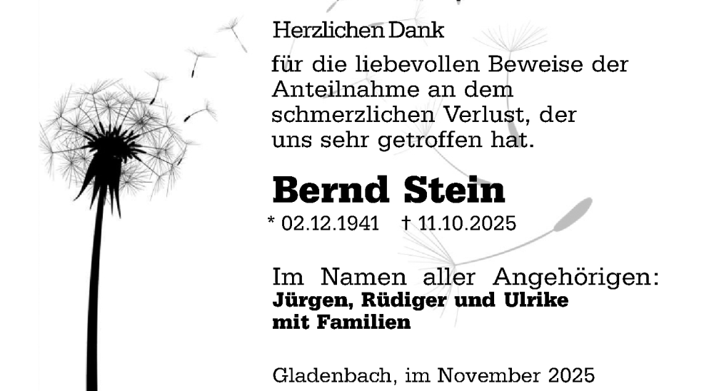  Traueranzeige für Bernd Stein vom 22.11.2025 aus Hinterländer Anzeiger