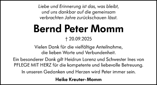 Traueranzeige von Bernd Peter Momm von Dill Block