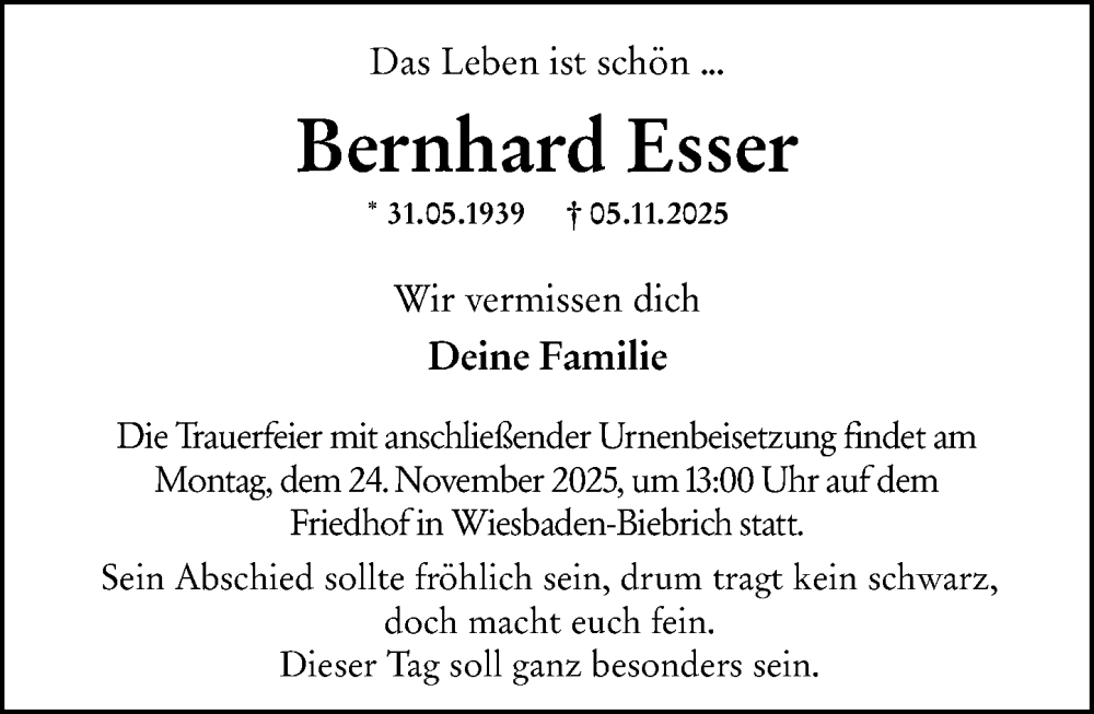  Traueranzeige für Bernhard Esser vom 15.11.2025 aus Wiesbadener Kurier