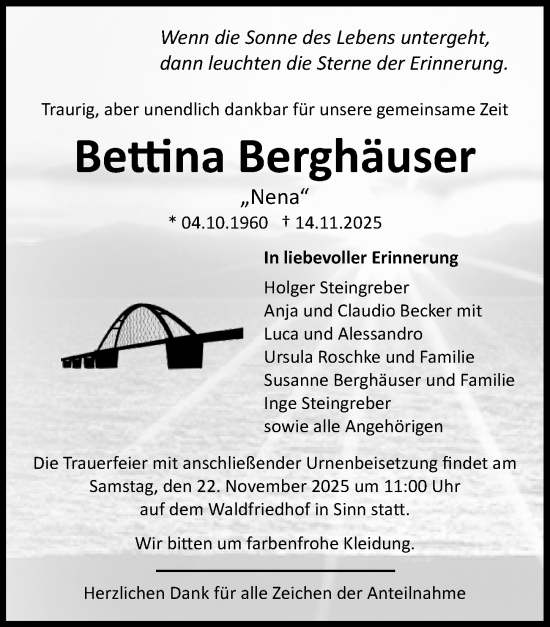 Traueranzeige von Bettina Berghäuser von Dill Block