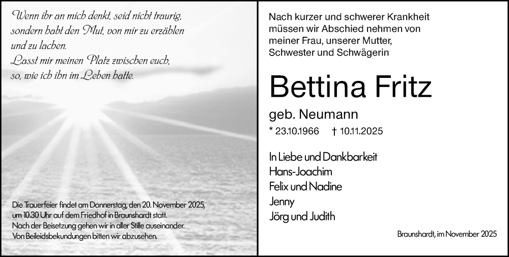  Traueranzeige für Bettina Fritz vom 19.11.2025 aus Darmstädter Echo