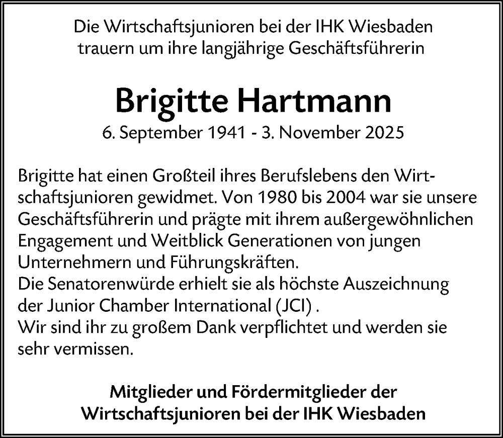  Traueranzeige für Brigitte Hartmann vom 15.11.2025 aus Wiesbadener Kurier