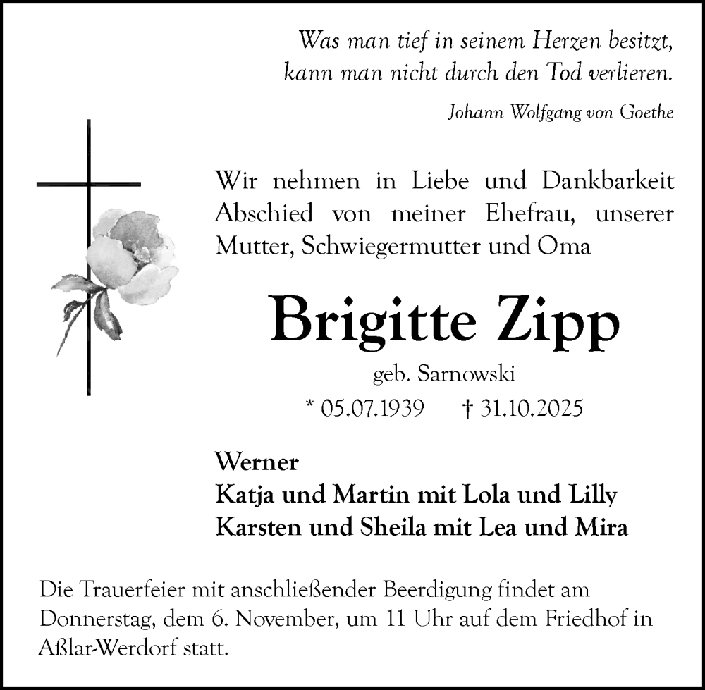  Traueranzeige für Brigitte Zipp vom 06.11.2025 aus Wetzlarer Neue Zeitung
