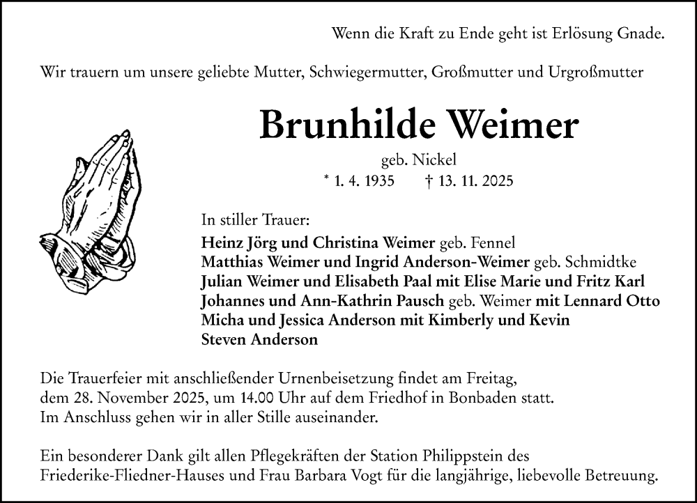  Traueranzeige für Brunhilde Weimer vom 25.11.2025 aus Wetzlarer Neue Zeitung