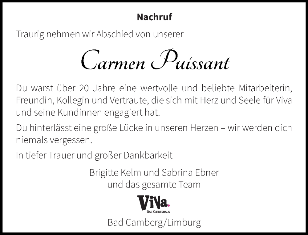  Traueranzeige für Carmen Puissant vom 20.11.2025 aus Camberger Anzeiger