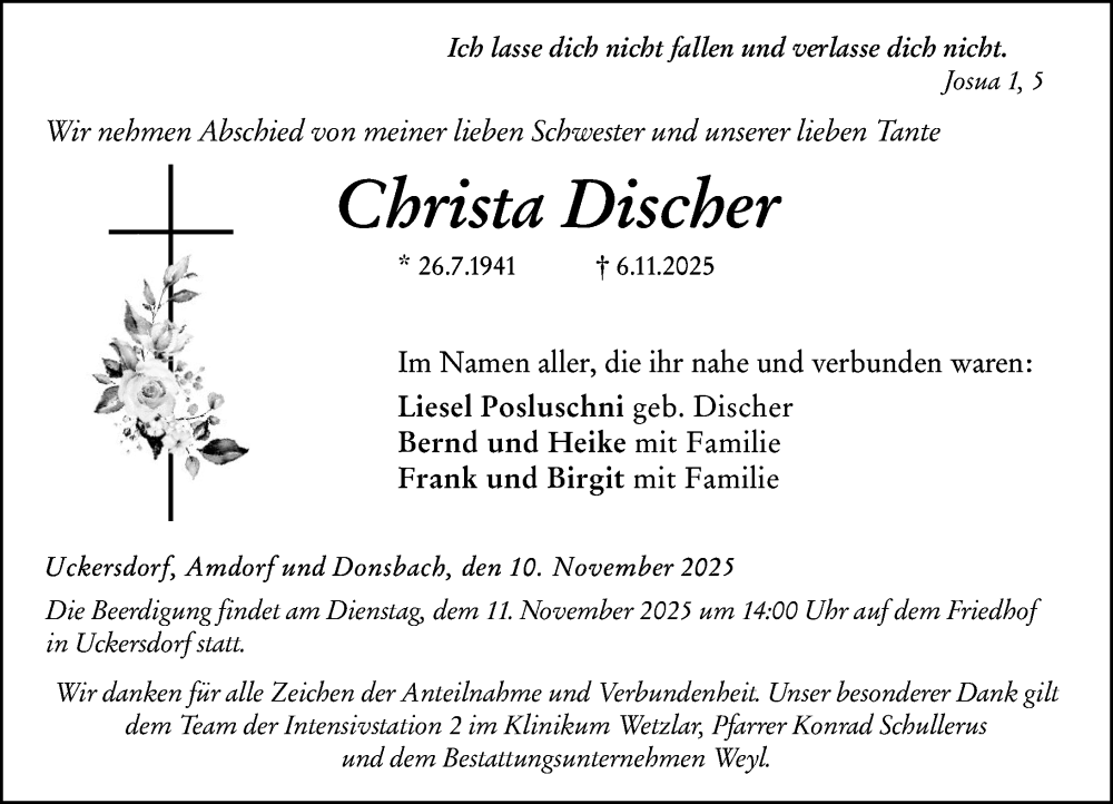  Traueranzeige für Christa Discher vom 10.11.2025 aus Dill Block