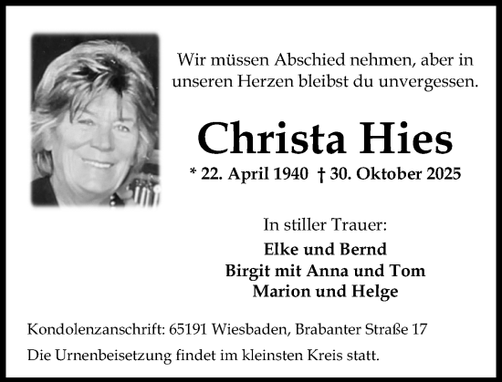 Traueranzeige von Christa Hies von Wiesbadener Kurier