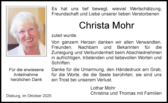 Traueranzeige von Christa Mohr von Dieburger Anzeiger/Groß-Zimmerner Lokal-Anzeiger