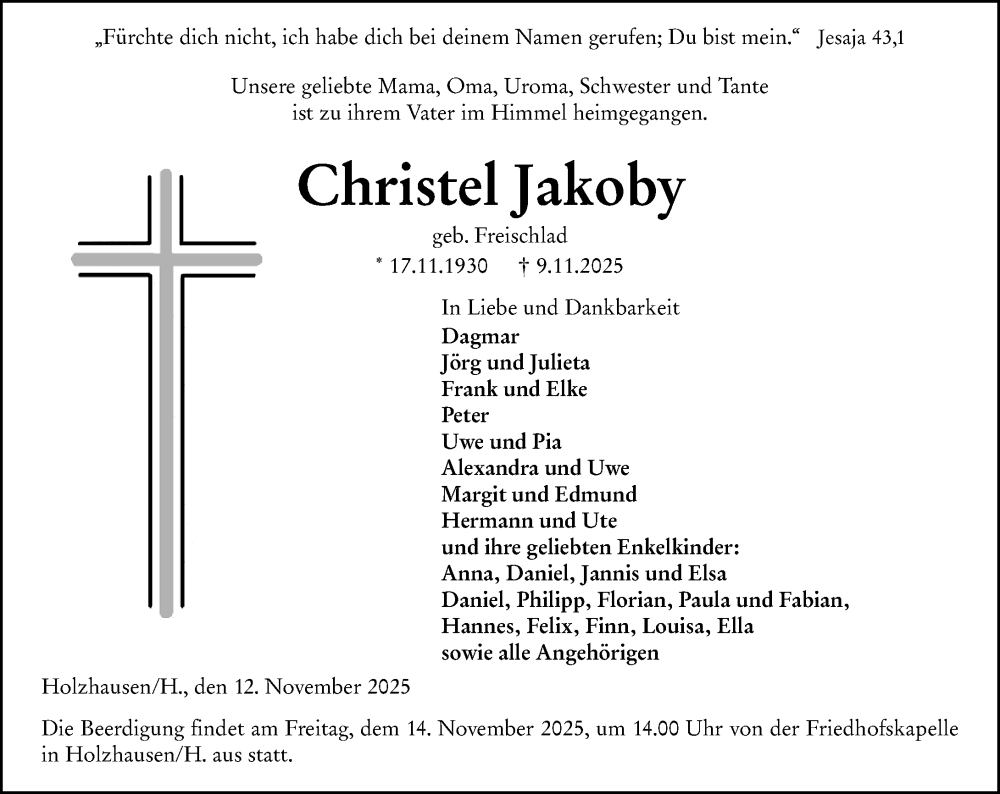  Traueranzeige für Christel Jakoby vom 12.11.2025 aus Hinterländer Anzeiger