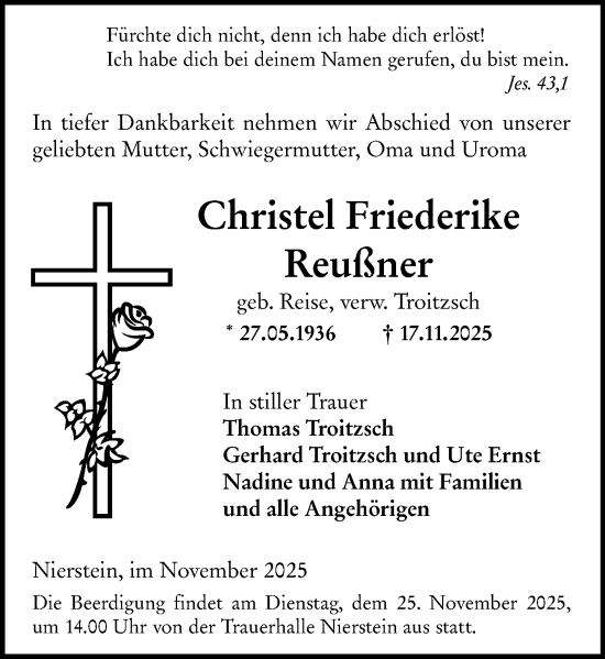 Traueranzeige von Christel Friederike Reußner von Allgemeine Zeitung Mainz