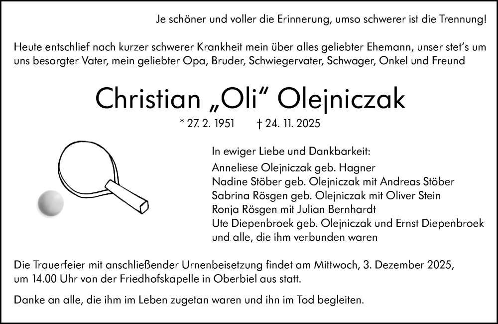  Traueranzeige für Christian Olejniczak vom 29.11.2025 aus Wetzlarer Neue Zeitung
