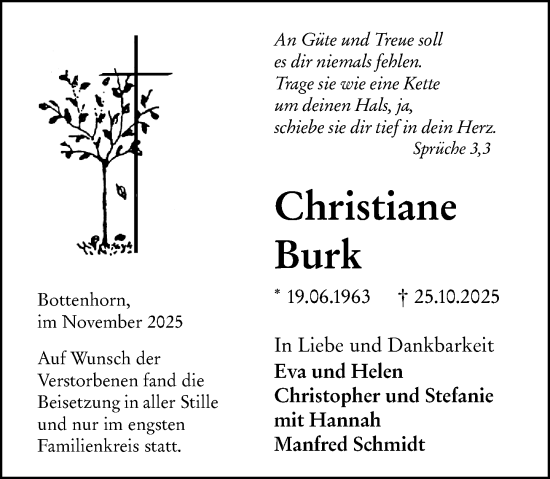 Traueranzeige von Christiane Burk von Hinterländer Anzeiger