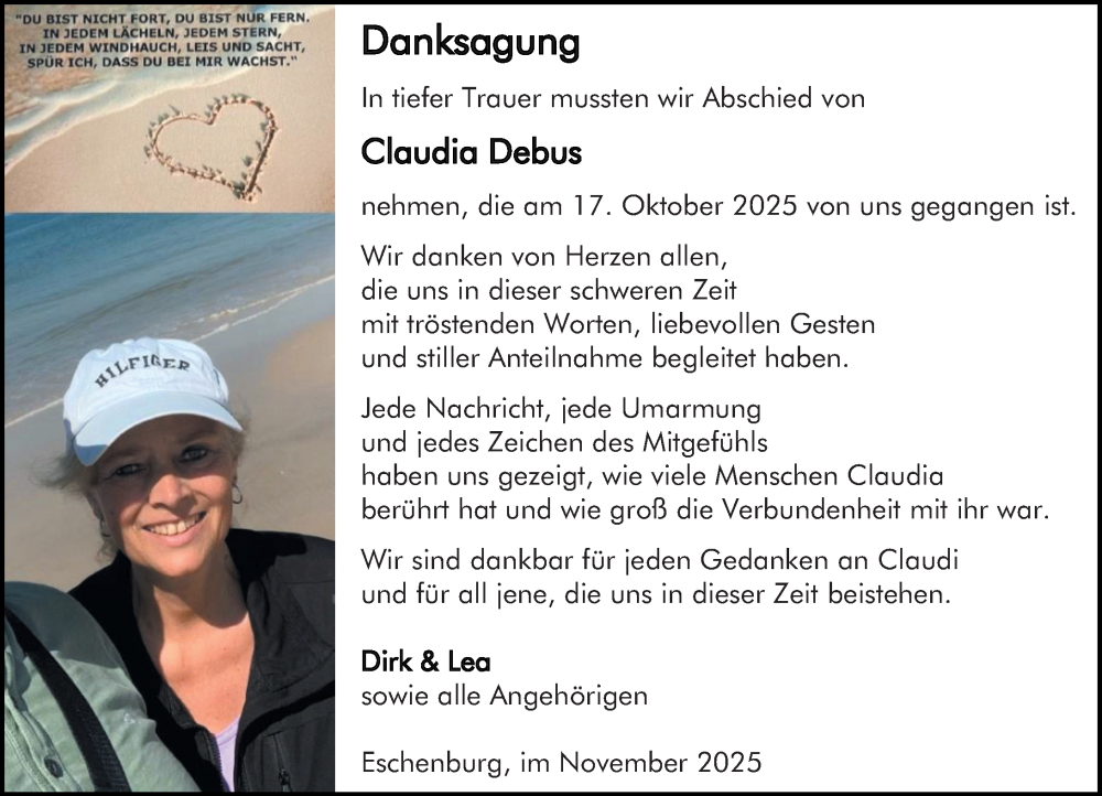  Traueranzeige für Claudia Debus vom 21.11.2025 aus Dill Block