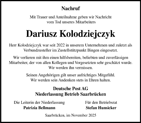 Traueranzeige von Dariusz Kolodziejczyk von Allgemeine Zeitung Rheinhessen-Nahe