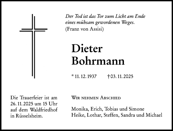 Traueranzeige von Dieter Bohrmann von Rüsselsheimer Echo
