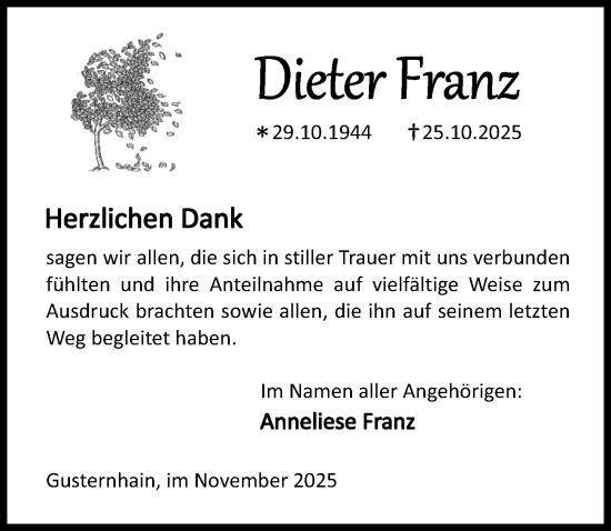 Traueranzeige von Dieter Franz von Dill Block