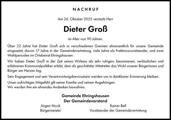 Traueranzeige von Dieter Groß von Wetzlarer Neue Zeitung