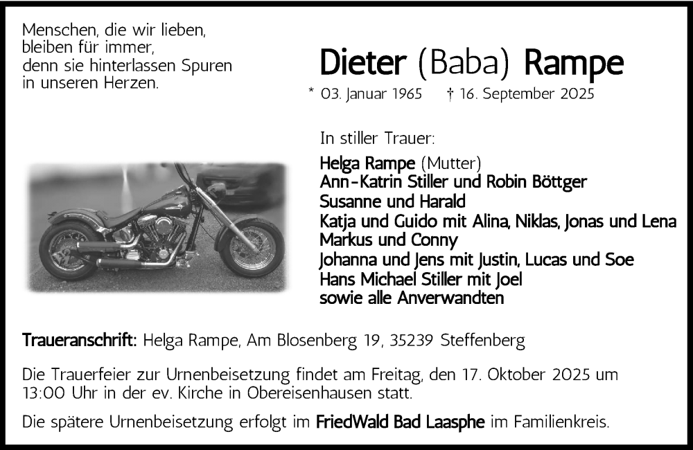  Traueranzeige für Dieter Rampe vom 11.10.2025 aus Hinterländer Anzeiger