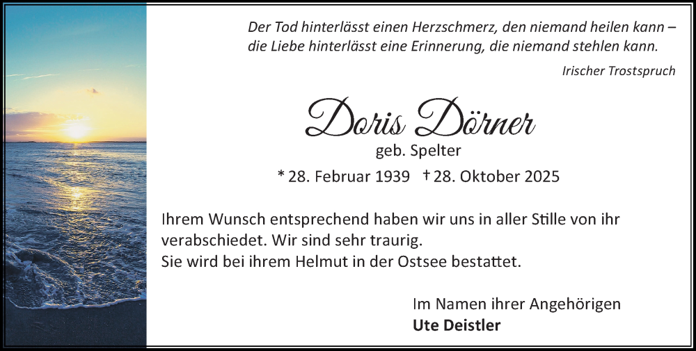  Traueranzeige für Doris Dörner vom 08.11.2025 aus Darmstädter Echo