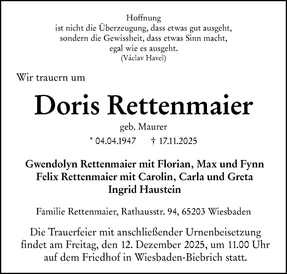  Traueranzeige für Doris Rettenmaier vom 29.11.2025 aus Wiesbadener Kurier