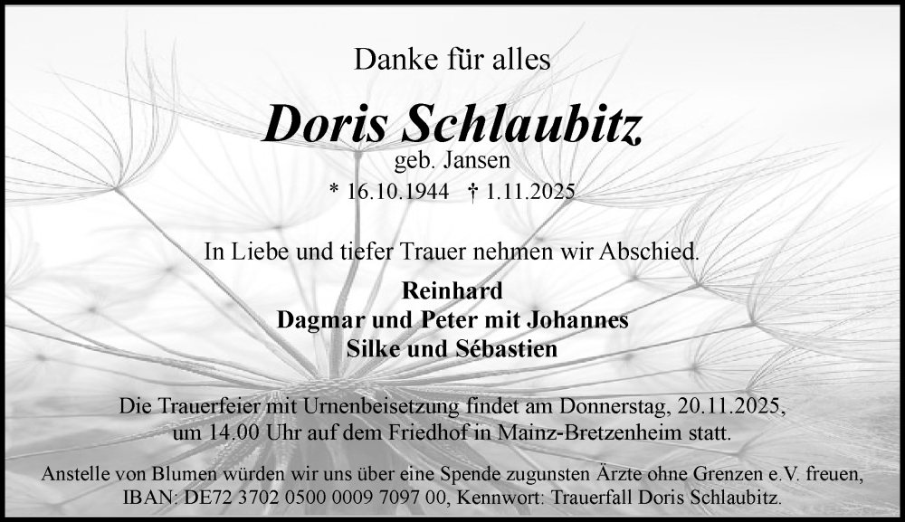  Traueranzeige für Doris Schlaubitz vom 08.11.2025 aus Allgemeine Zeitung Mainz